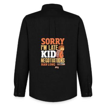 Sorry I'm late. - Men's Oxford Shirt by Stanley/Stella - black - Back - AI Model Male 185 dark (185cm)