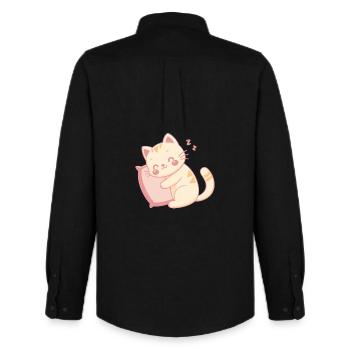 Chat câlin endormi sur oreiller pastel - Chemise Oxford homme Stanley/Stella - noir - Dos - AI Model Male 185 dark (185cm)
