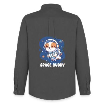 Space Buddy Astronaut Dog - Men's Oxford Shirt by Stanley/Stella - anthracite - Back - AI Model Male 185 dark (185cm)