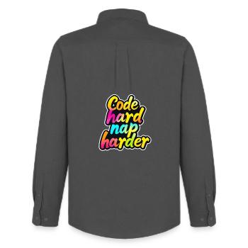 Code Hard Nap Harder Funny Programmer Tee - Men's Oxford Shirt by Stanley/Stella - anthracite - Back - AI Model Male 185 dark (185cm)