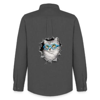 Chat mignon – Arts techniques mixtes Blue Glasses - Chemise Oxford homme Stanley/Stella - charbon - Dos - AI Model Male 185 dark (185cm)