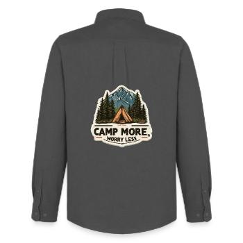 Camping Spruch Camp More Worry Less Camper Outdoor - Männer Oxford Hemd von Stanley/Stella - Anthrazit - Hinten - AI Model Male 185 dark (185cm)