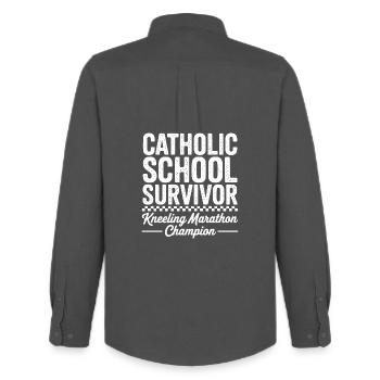 Survivant d’une école catholique : marathon à genoux drôle - Chemise Oxford homme Stanley/Stella - charbon - Dos - AI Model Male 185 dark (185cm)