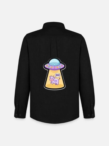 MOO Sjov Alien Ko i UFO Light Beam tegnefilm - Oxfordskjorte herre Stanley/Stella - sort