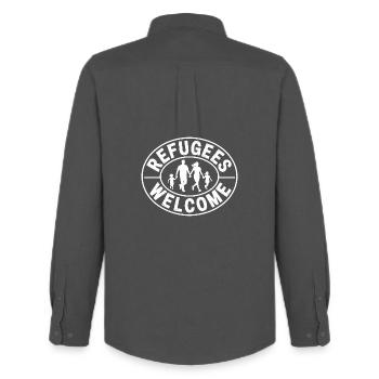 Refugees Welcome - Antifascist Merch - Men's Oxford Shirt by Stanley/Stella - anthracite - Back - AI Model Male 185 dark (185cm)