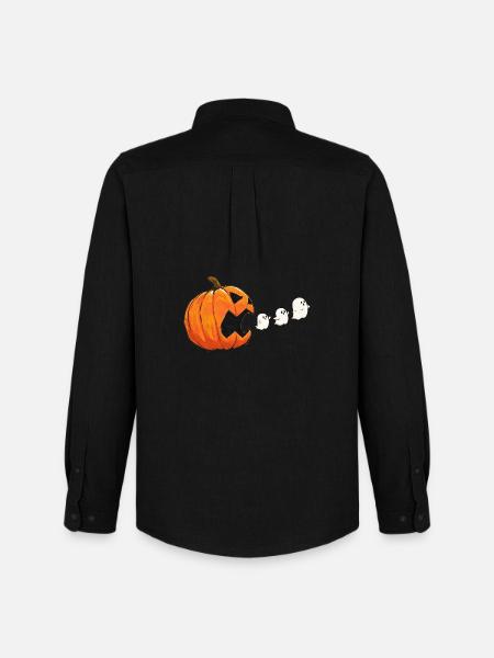 Retro Gaming Halloween Ghosts Pumpkin Motif - Men's Oxford Shirt by Stanley/Stella - black