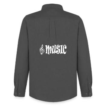 Music - Retro Classic Typography Style - Men's Oxford Shirt by Stanley/Stella - anthracite - Back - AI Model Male 185 dark (185cm)