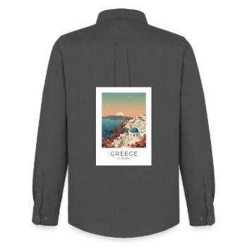 Vue côtière du coucher de soleil de Santorin - Chemise Oxford homme Stanley/Stella - charbon - Dos - AI Model Male 185 dark (185cm)