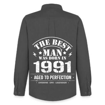 Né(e) en 1991 Anniversaire 1991 - 34 ans Rétro - Chemise Oxford homme Stanley/Stella - charbon - Dos - AI Model Male 185 dark (185cm)