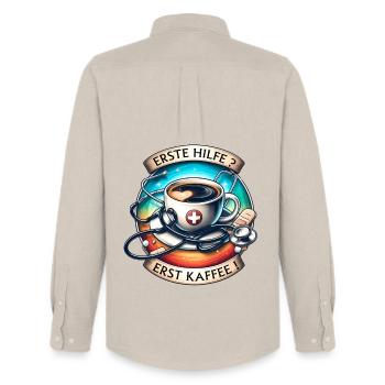 Humorous coffee art with first aid motif - Men's Oxford Shirt by Stanley/Stella - beige - Back - AI Model Male 185 dark (185cm)