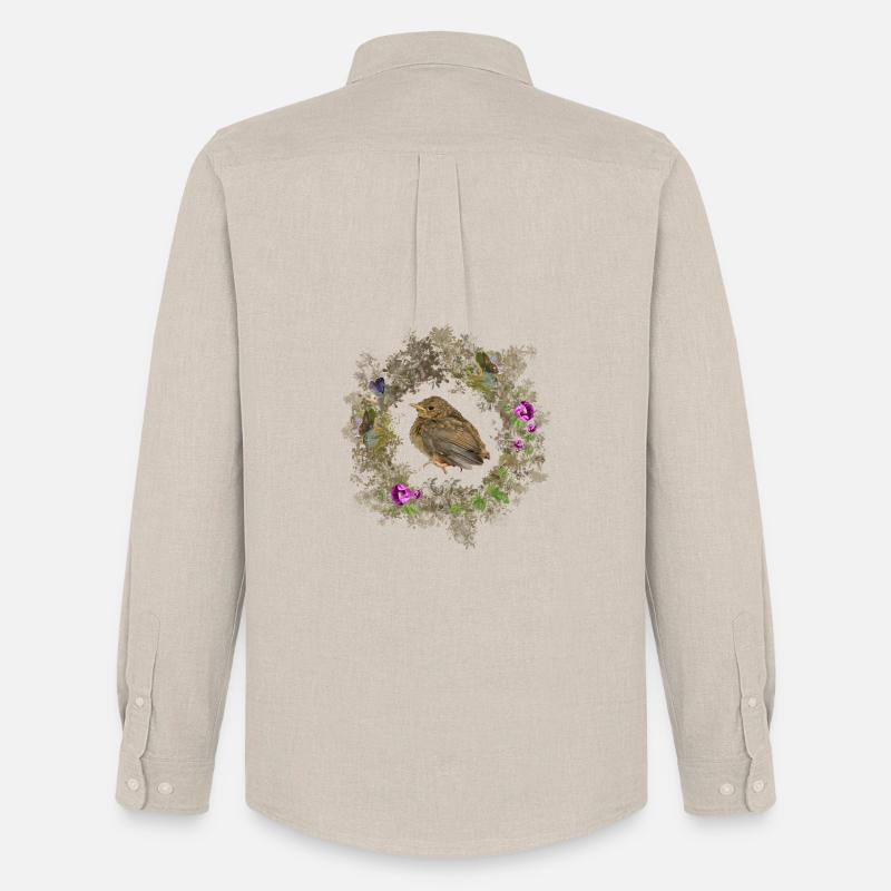 Rotkehlchen mit zarten Blüten und Bläulingen - Männer Oxford Hemd von Stanley/Stella - Beige