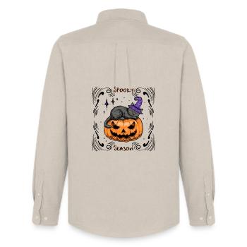 Chat endormi Halloween _Dekoriert - Chemise Oxford homme Stanley/Stella - beige - Dos - AI Model Male 185 dark (185cm)