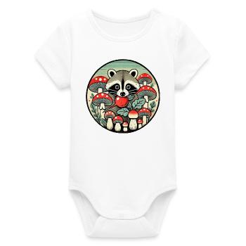 Whimsical Raccoon Among Red Mushrooms - Organic Short Sleeve Baby Bodysuit by Stanley/Stella - white - Front