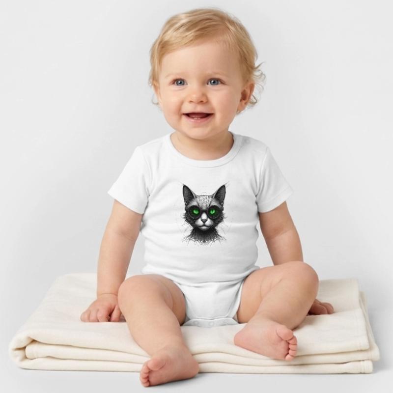 Green Eyes Computer Coder Geek Cat Organic Short Sleeve Baby Bodysuit by Stanley/Stella