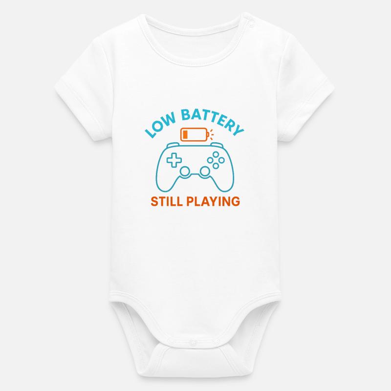 Low battery Keep playing - Organic Short Sleeve Baby Bodysuit by Stanley/Stella - white