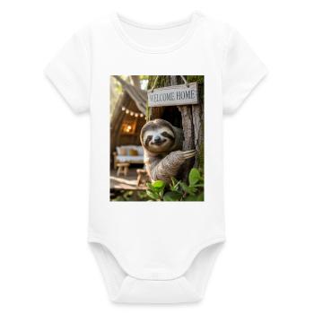 Welcome Home Sloth in Treehouse - Organic Short Sleeve Baby Bodysuit by Stanley/Stella - white - Front