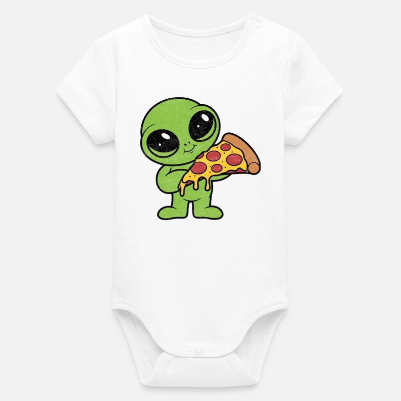 Extraterrestre mignon avec une part de pizza Fan de pizza - Body bébé manches courtes bio Stanley/Stella - blanc