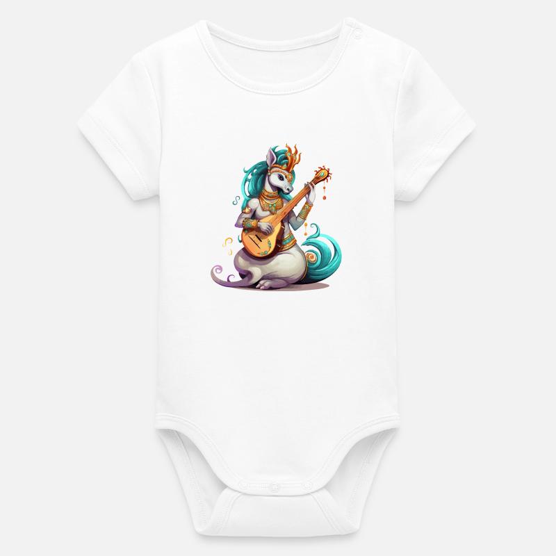 Musicien licorne avec luth doré - Body bébé manches courtes bio Stanley/Stella - blanc