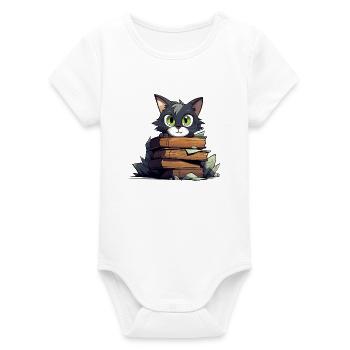 Cat Book Stack - Organic Short Sleeve Baby Bodysuit by Stanley/Stella - white - Front