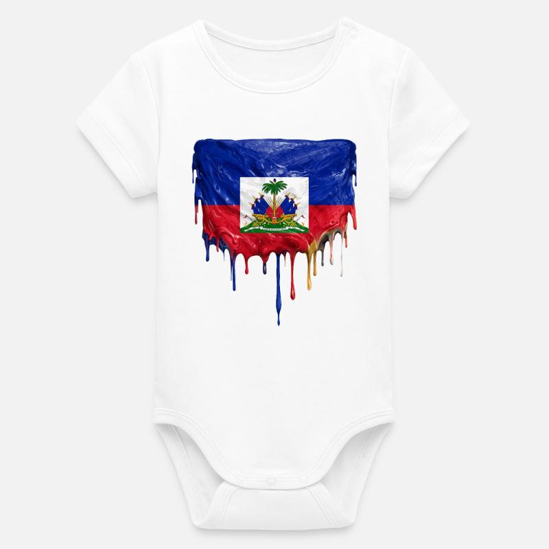 Drapeau haïtien avec une peinture laque fluide - Body bébé manches courtes bio Stanley/Stella - blanc