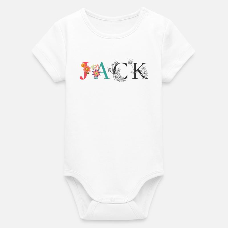 JACK Name Art avec fleurs brodées - Body bébé manches courtes bio Stanley/Stella - blanc