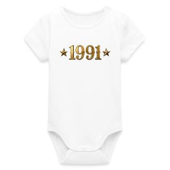 1991 Vintage Gold Stars - Organic Short Sleeve Baby Bodysuit by Stanley/Stella - white - Front
