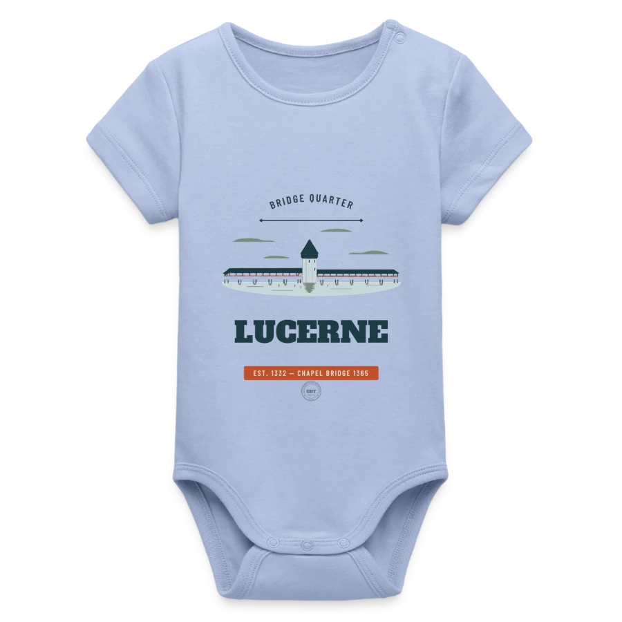 Lucerne badge on a organic short sleeve baby bodysuit by stanley/stella, sky