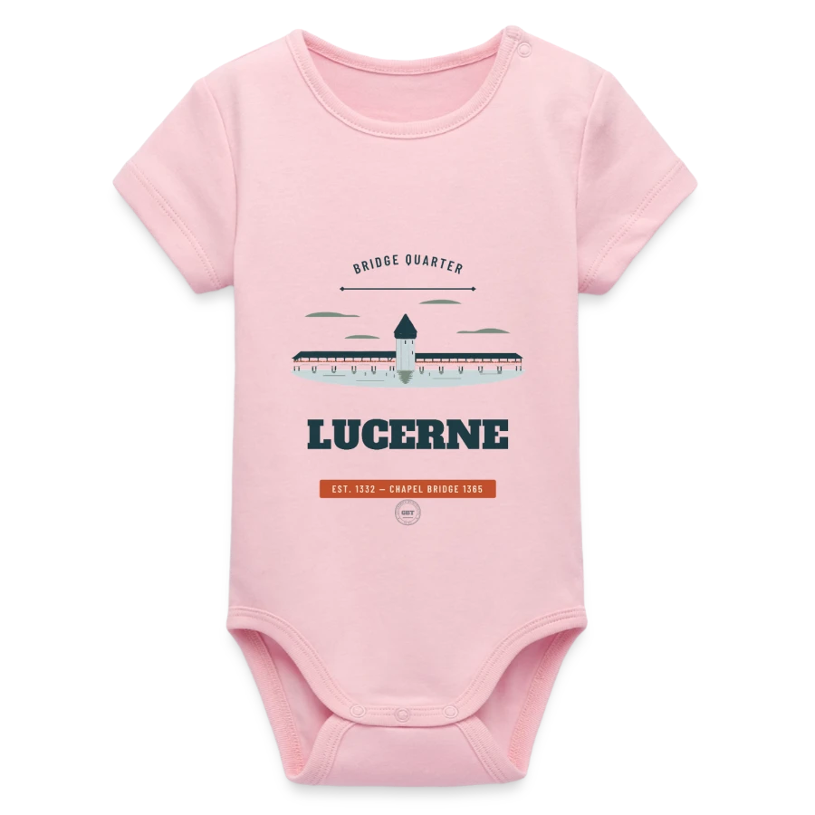 Lucerne badge on a organic short sleeve baby bodysuit by stanley/stella, cotton pink