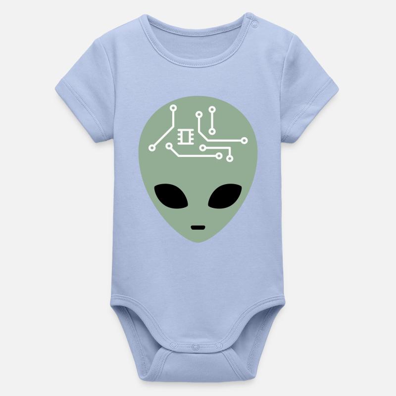Alien Head with Circuits (three colours) - Organic Short Sleeve Baby Bodysuit by Stanley/Stella - sky
