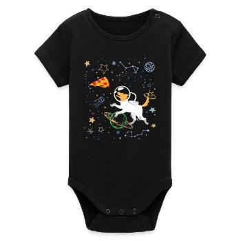 Cartoon Astronaut with Space and Pizza - Organic Short Sleeve Baby Bodysuit by Stanley/Stella - black - Front
