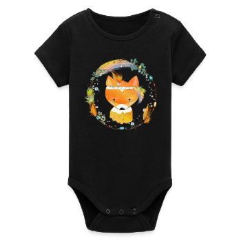 petit renard avec décoration en plumes dans cadre ethno - Body bébé manches courtes bio Stanley/Stella - noir - Devant