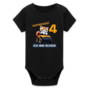 4. Geburtstag Katze auf Monstertruck 4 Jahre alt - Organic Kurzarm-Babybody von Stanley/Stella - Schwarz - Vorne