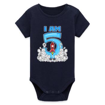 5 Birthday Boy Astronaut Rocket - five years - Organic Short Sleeve Baby Bodysuit by Stanley/Stella - navy - Front