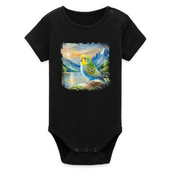 young budgie in children's book style, watercolor - Organic Short Sleeve Baby Bodysuit by Stanley/Stella - black - Front