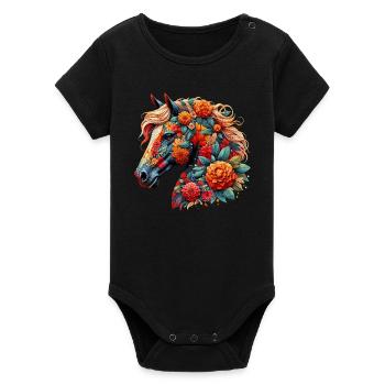 Horse decorated with flowers - Organic Short Sleeve Baby Bodysuit by Stanley/Stella - black - Front