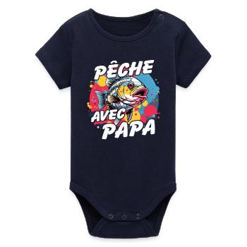 Pêcher avec papa. Motif de pêche coloré - Body bébé manches courtes bio Stanley/Stella - marine - Devant
