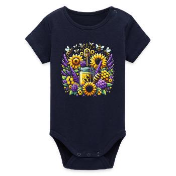 Vibrant, colorful artwork with bees honey - Organic Short Sleeve Baby Bodysuit by Stanley/Stella - navy - Front