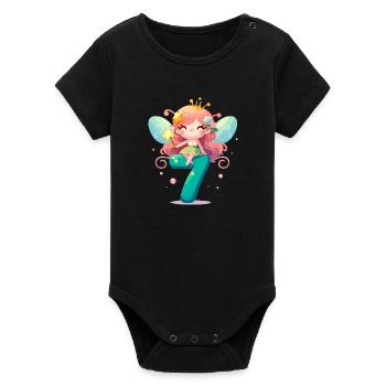 7 Years Fairy Elf Birthday Gift - Organic Short Sleeve Baby Bodysuit by Stanley/Stella - black - Front