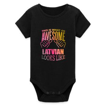 Latvia - Organic Short Sleeve Baby Bodysuit by Stanley/Stella - black - Front