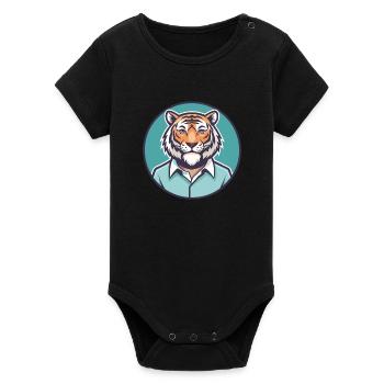 Tiger Kawaii Cartoon Character Animal Pet Face - Organic Short Sleeve Baby Bodysuit by Stanley/Stella - black - Front