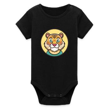 Tiger Kawaii Cartoon Character Animal Pet Face - Organic Short Sleeve Baby Bodysuit by Stanley/Stella - black - Front