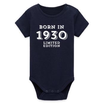 94 years, date of birth, year of birth - Organic Short Sleeve Baby Bodysuit by Stanley/Stella - navy - Front