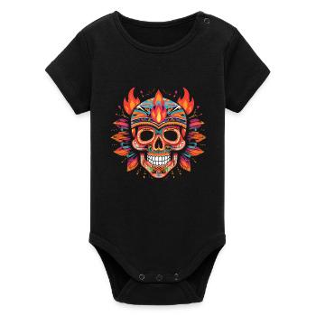Colorful Skull Skull with Flames - Organic Short Sleeve Baby Bodysuit by Stanley/Stella - black - Front