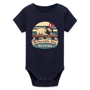 Pug Nap - Organic Short Sleeve Baby Bodysuit by Stanley/Stella - navy - Front