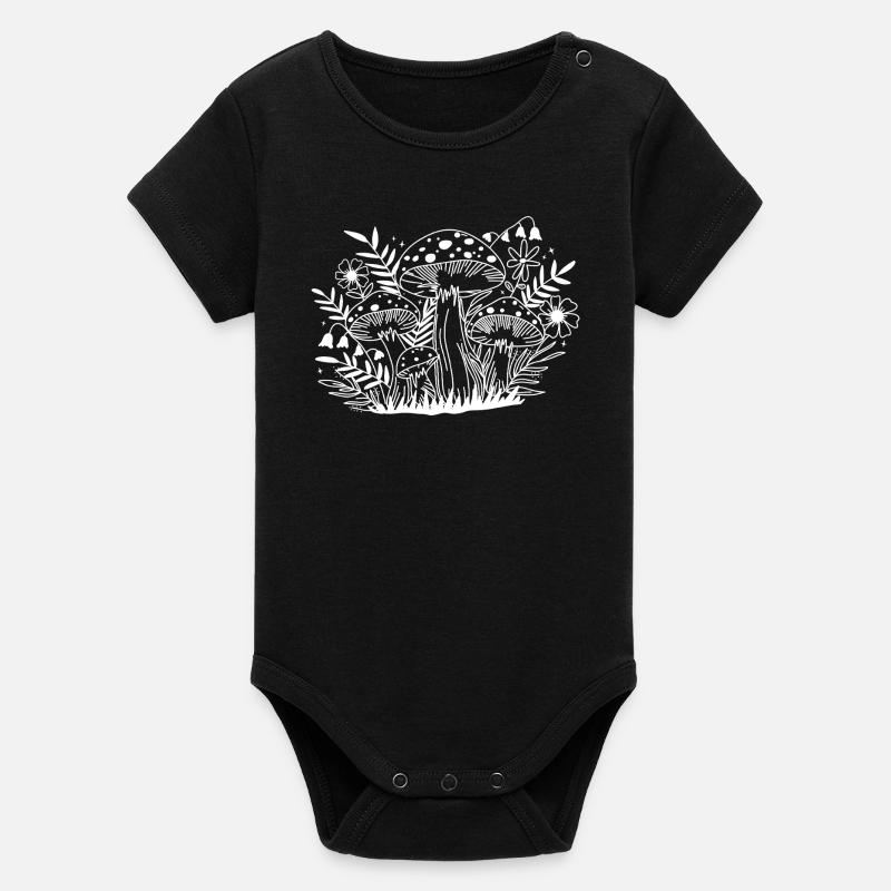 Mushroom Time - Fleur dans la nature, bois monochromé - Body bébé manches courtes bio Stanley/Stella - noir