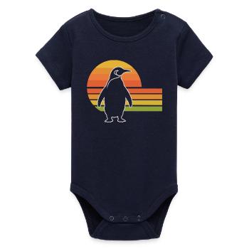 Penguin silhouette sunset design - Organic Short Sleeve Baby Bodysuit by Stanley/Stella - navy - Front