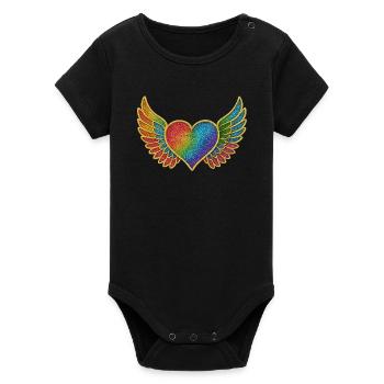 Rainbow Heart with Angel Wings Embroidery - Organic Short Sleeve Baby Bodysuit by Stanley/Stella - black - Front