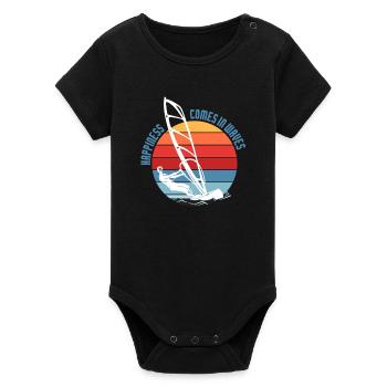 Le bonheur vient dans la conception des vagues de planche à voile - Body bébé manches courtes bio Stanley/Stella - noir - Devant