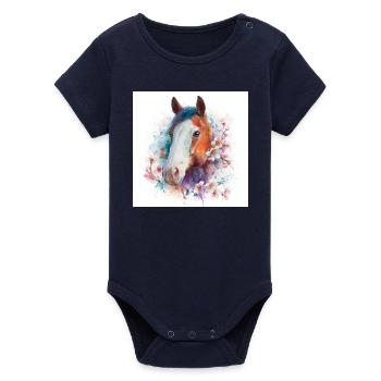 Watercolor Horse Bloom Portrait - Organic Short Sleeve Baby Bodysuit by Stanley/Stella - navy - Front