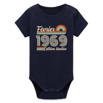 Born in February 1969 | 57th Anniversary - Organic Short Sleeve Baby Bodysuit by Stanley/Stella - navy - Front